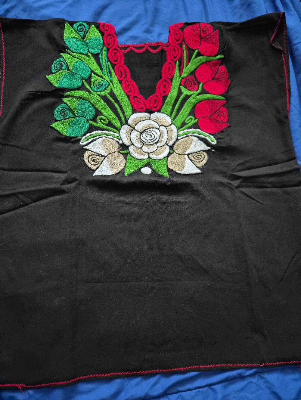 Embroidered Black Women's V-Neck Floral Top - Red & Green Accents